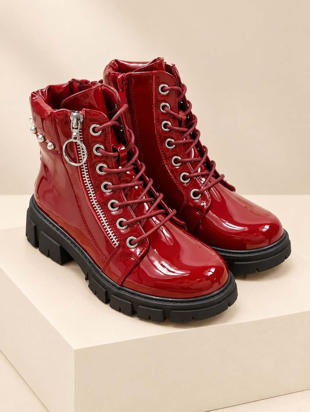 Girls Red Patent Combat Boots